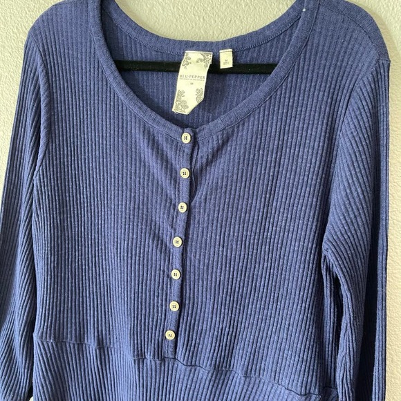 Ribbed Babydoll Tunic Faux Button Front Navy Blue Casual Dress Womens Medium - Picture 6 of 7